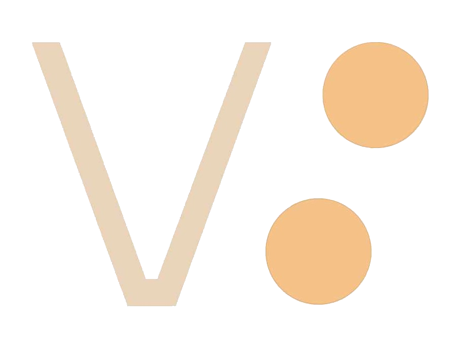 Simple graphic with a large beige letter 'V' on the left and two orange circles on the right, one above the other.