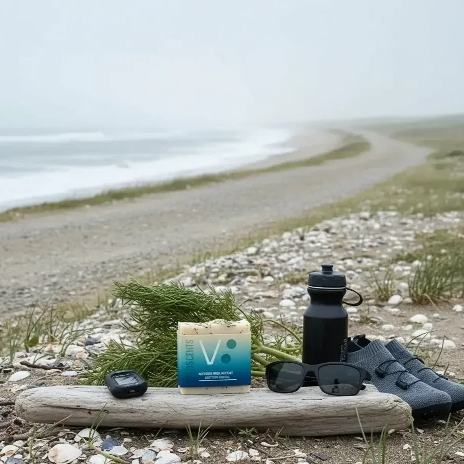 Beach scene with outdoor gear including sunglasses, a water bottle, a small bag of snacks, a GPS device, a pair of sneakers, and some greenery on a driftwood log, with a cloudy shoreline in the background.