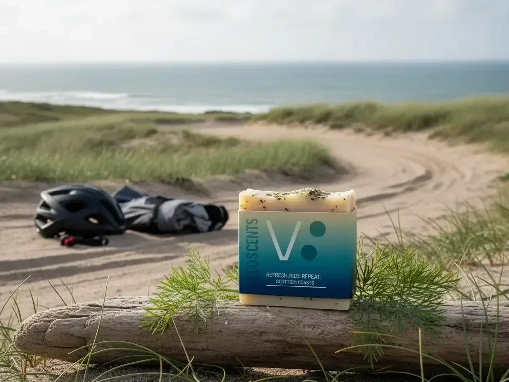 Bar of soap labeled 'V. Scent,' on a piece of driftwood at the beach with a helmet and a backpack in the background.