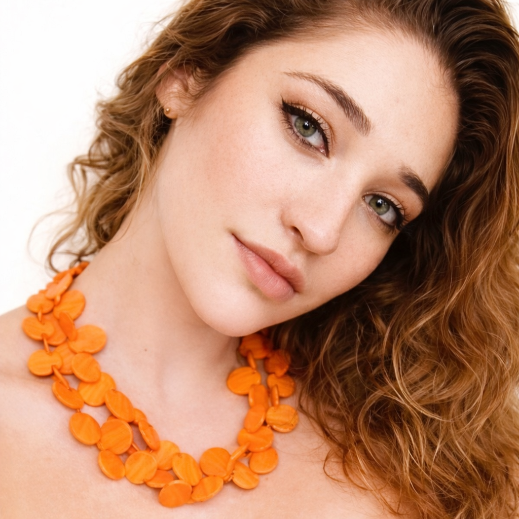 A woman with curly red hair and green eyes wearing an orange beaded necklace.