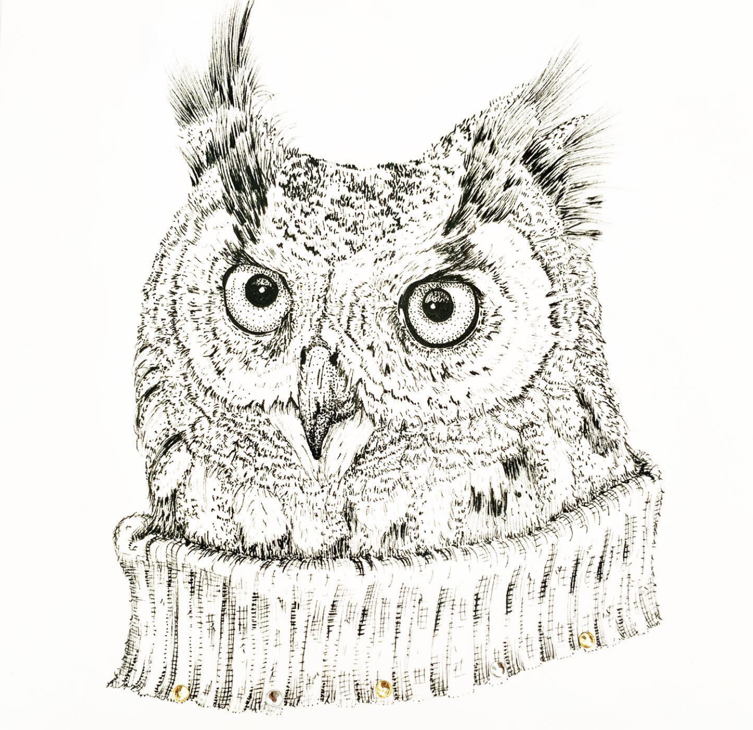 Black and white drawing of an owl wearing a sweater.