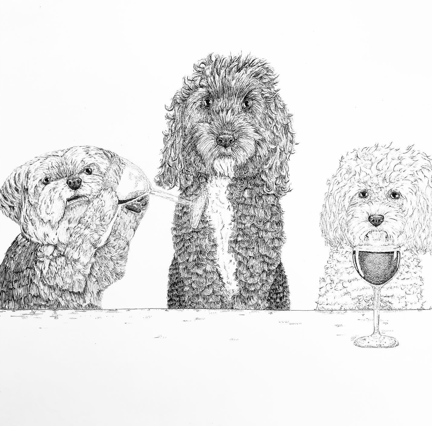 Black and white drawing of three dogs at a table, with the middle dog holding a bone and the right dog sitting near a glass of wine.