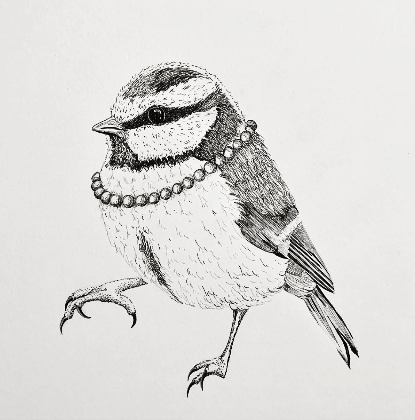 A detailed black and white illustration of a bird wearing a pearl necklace.