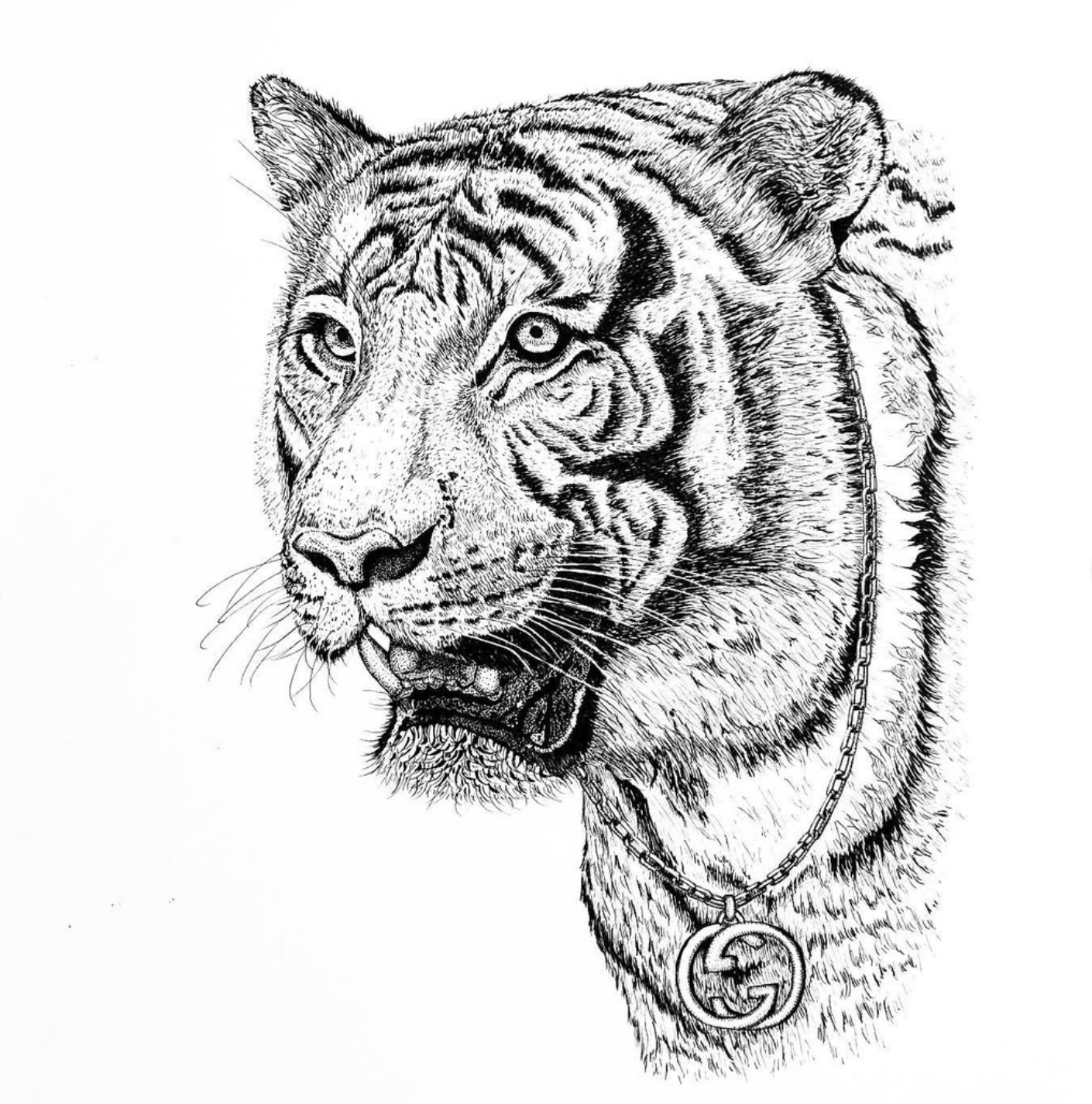 Black and white detailed sketch of a tiger's head and upper body, showing it wearing a chain with a circular pendant.