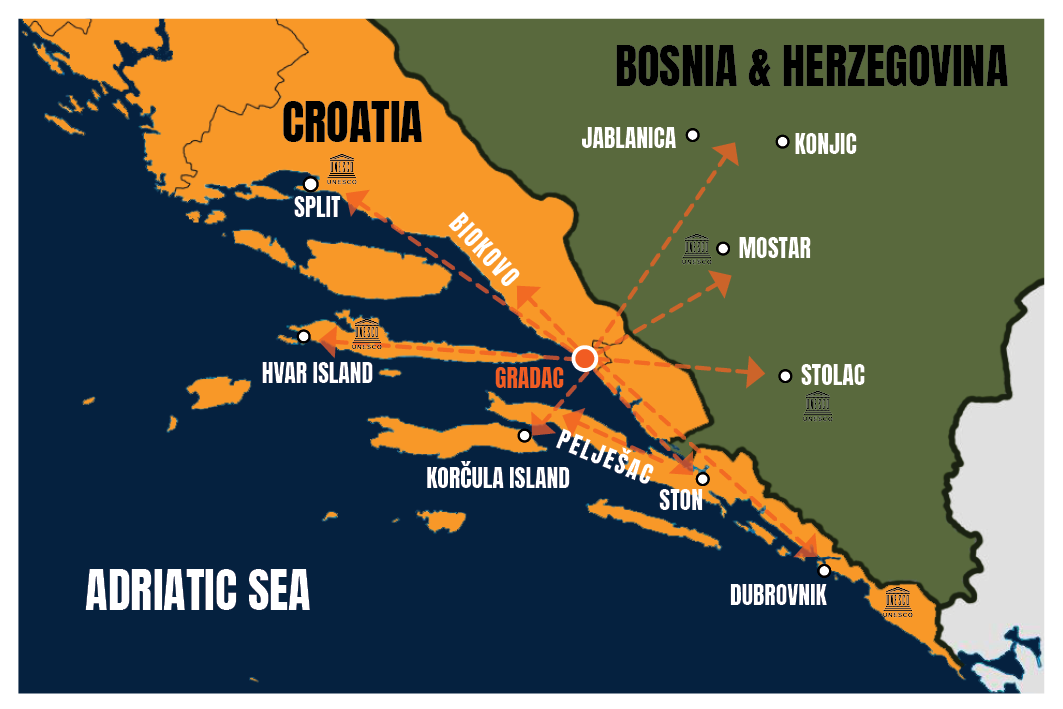 Map showing Croatia and Bosnia & Herzegovina with highlighted cities and UNESCO sites, including Split, Hvar Island, Korcula Island, Peljesac, Ston, Dubrovnik, and key points like Gradac and Biokovo mountain, with directional arrows indicating routes.
