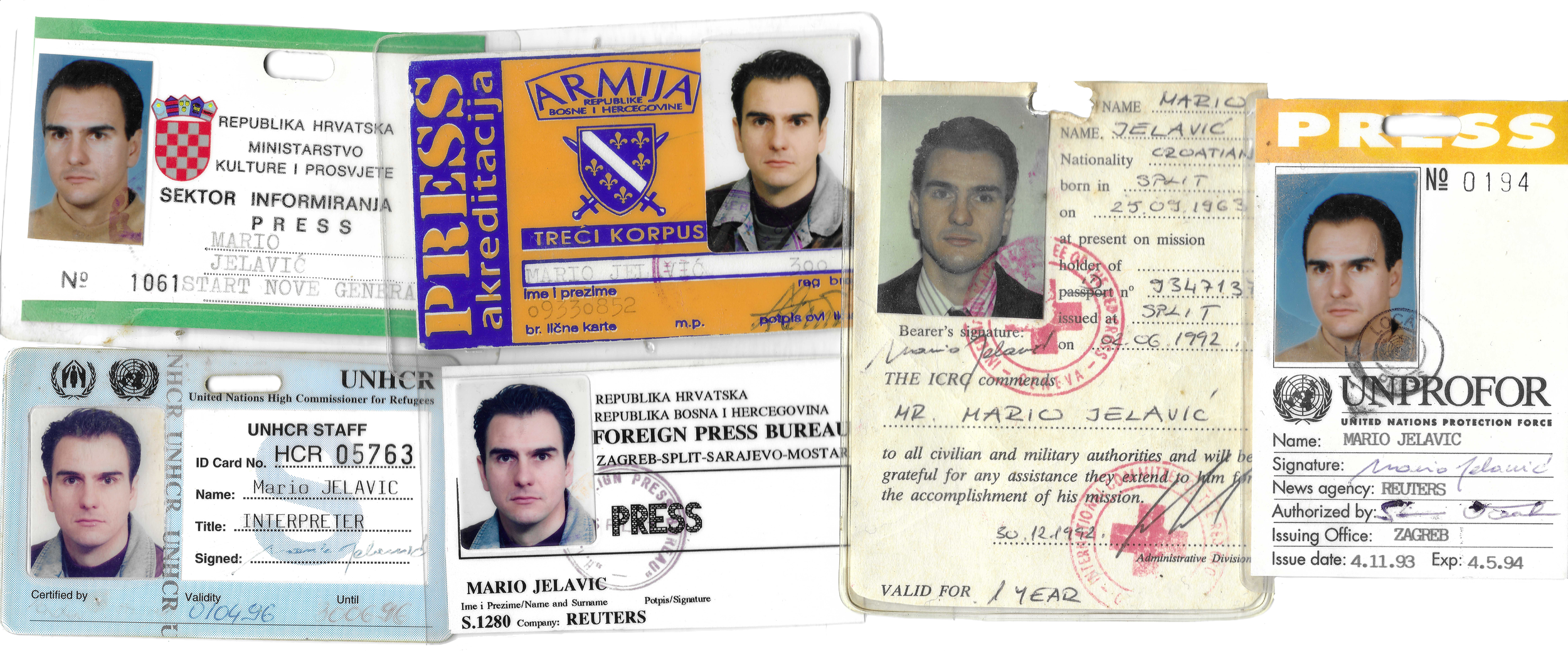 Several identification documents and press passes with photographs of Mario Jelavic, including Croatian and Bosnian IDs, UNHCR and UNPROFOR badges, and a passport, all displaying his face and personal information.