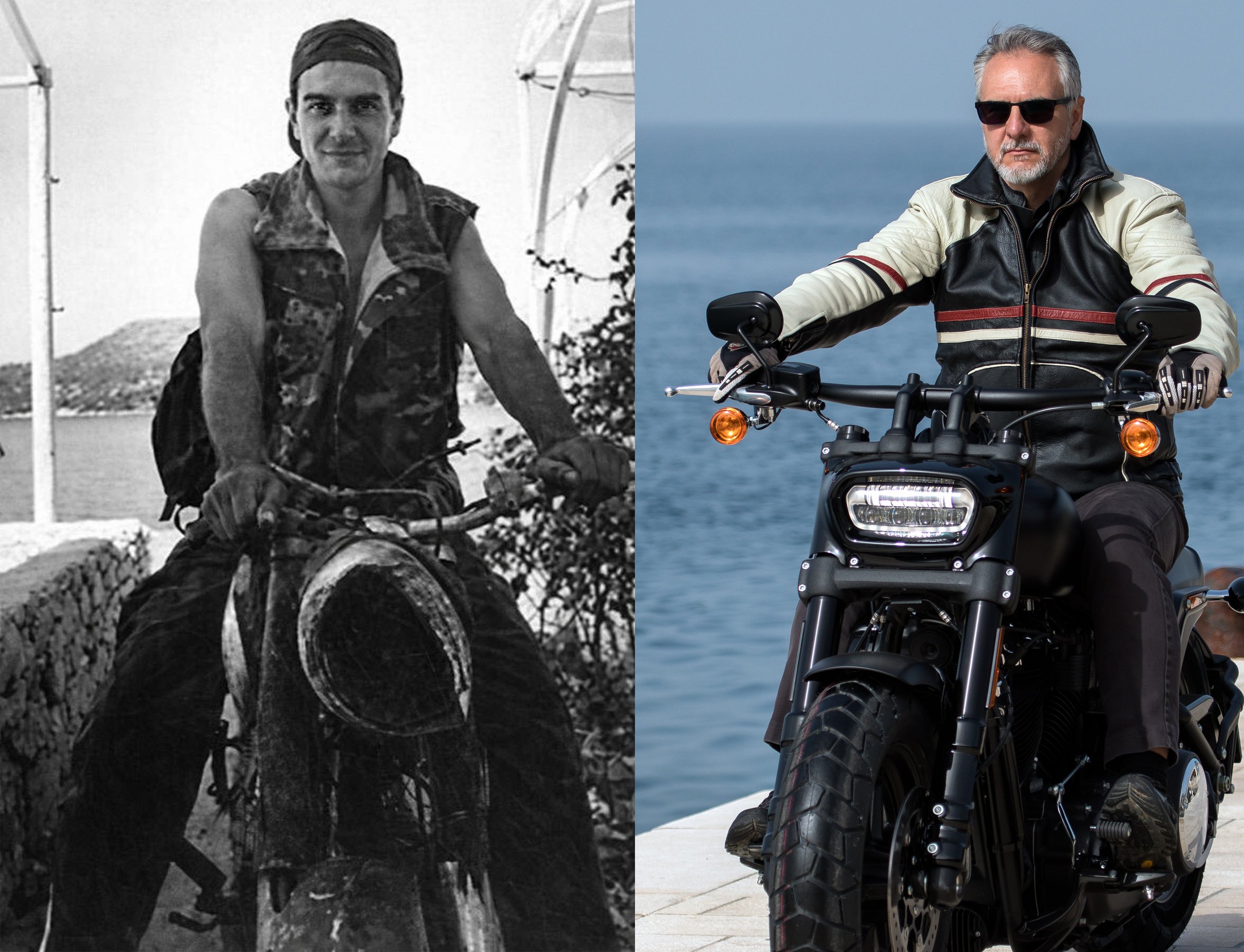Comparison of two men riding motorcycles; the left is a black-and-white photo of a young man in a sleeveless patterned vest and headband, riding a vintage motorcycle near a body of water; the right is an older man with gray hair and sunglasses, wearing a beige and black leather jacket, riding a modern black motorcycle in front of an ocean background.