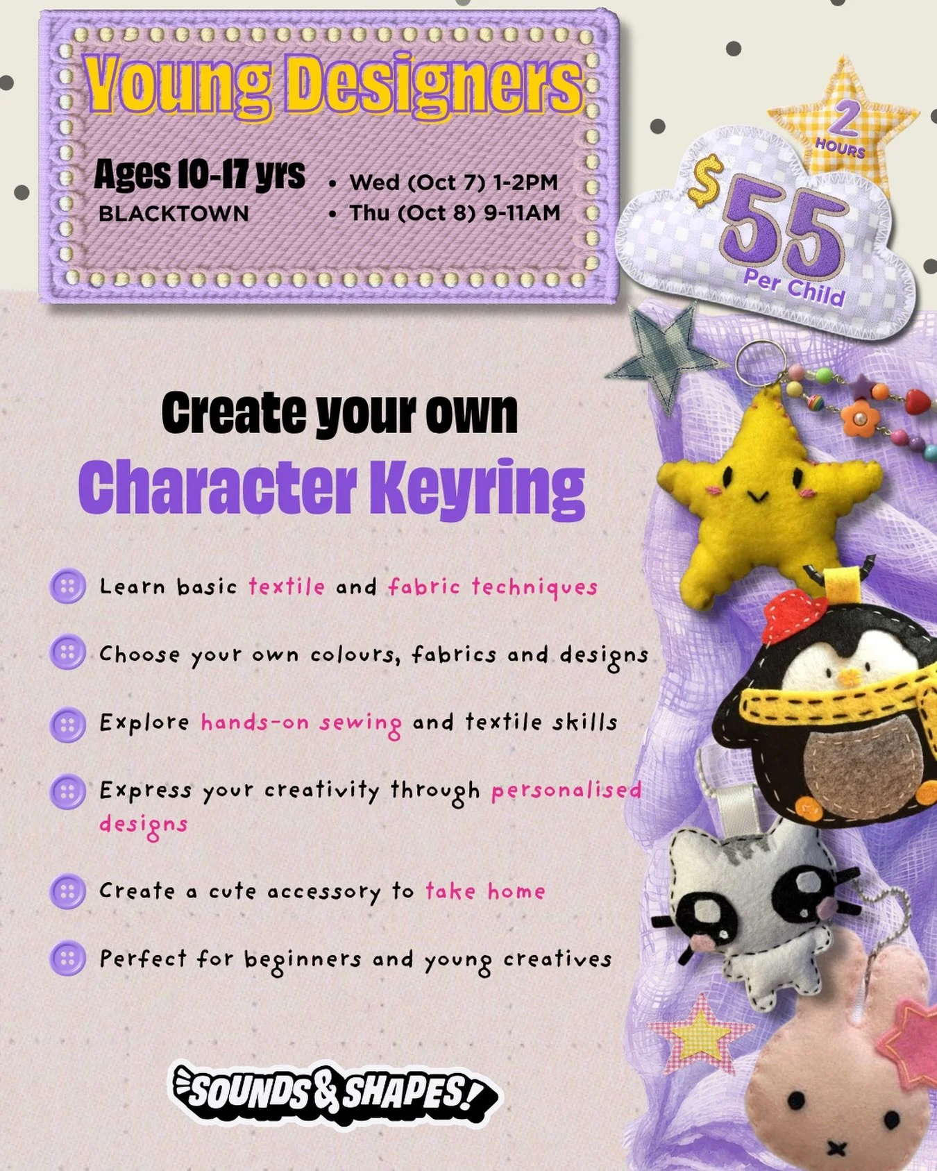 🧵✨ SCHOOL HOLIDAY TREAD LAB WORKSHOP! ✨🧵

Looking for something creative and hands-on for the kids these school holidays? 🎨🪡

During the 2nd week of the school holidays, Sounds N Shapes is running our Tread Lab School Holiday Workshops in Blackto