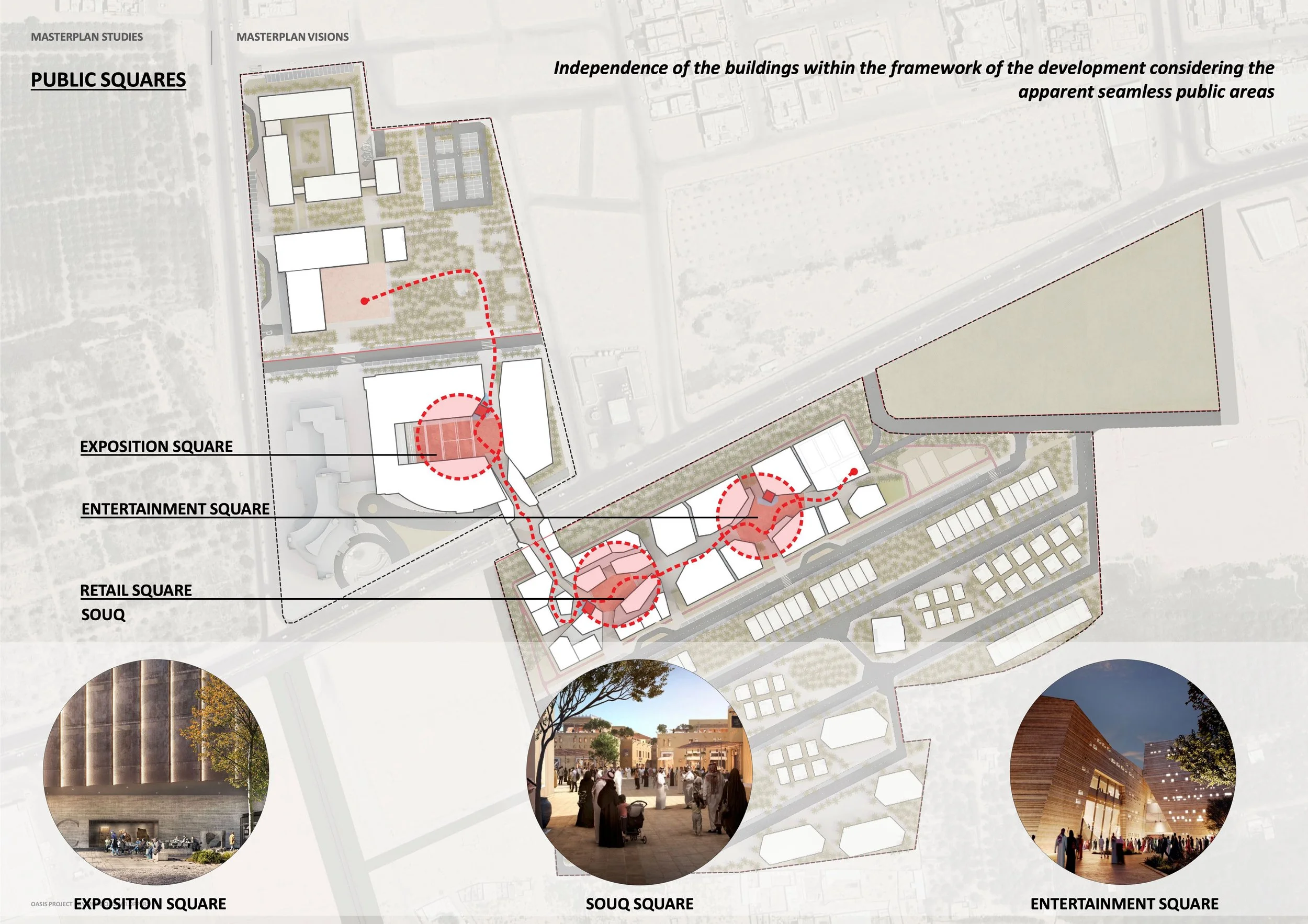 A detailed urban planning map showing designated areas for public squares, expo square, entertainment square, and retail square, with annotations and small circular images of public spaces and buildings.