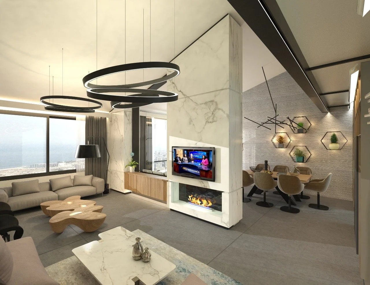 Modern living room with beige sofas, a wooden coffee table, large windows, a TV on a marble partition, a fireplace below it, and a dining area with hexagonal wall shelves with plants.