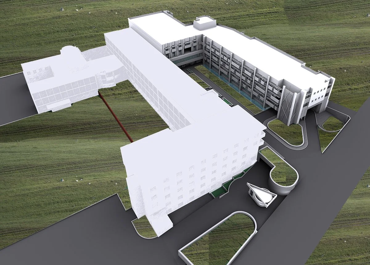 3D architectural rendering of a large, modern, multi-story building complex with a courtyard, surrounded by green fields, and featuring a curved driveway and a small entrance pavilion.