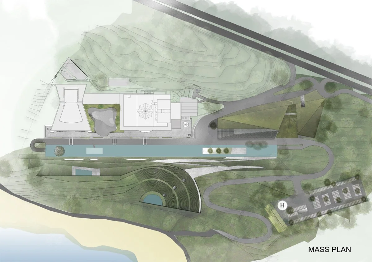 A top-down illustrated architectural site plan showing buildings, roads, pathways, a swimming pool, landscaping, parking lot, and surrounding greenery labeled as 'Mass Plan'.