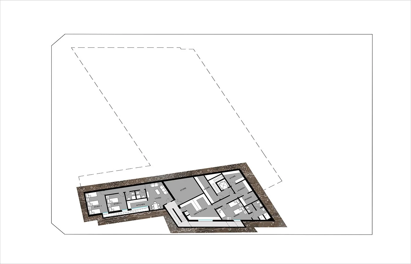 An architectural floor plan of a house showing various rooms and spaces labeled kitchen, living, store, pantry, laundry, and bedrooms.