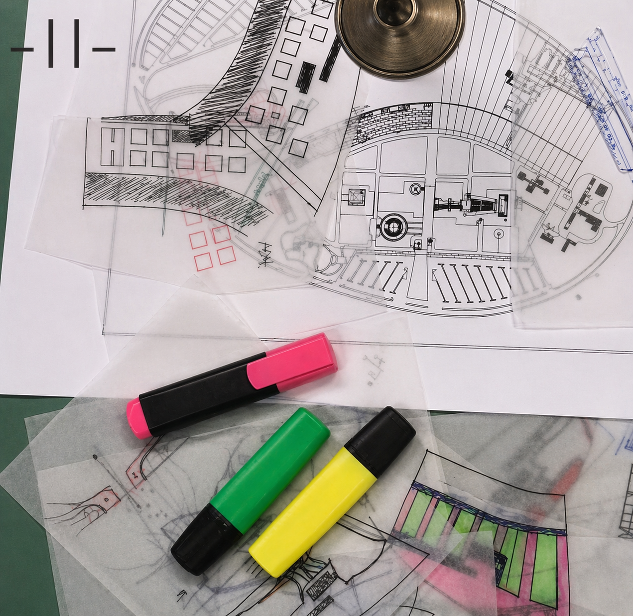 Architectural drawings and sketches on paper, with colored markers and transparent overlays on a workspace.
