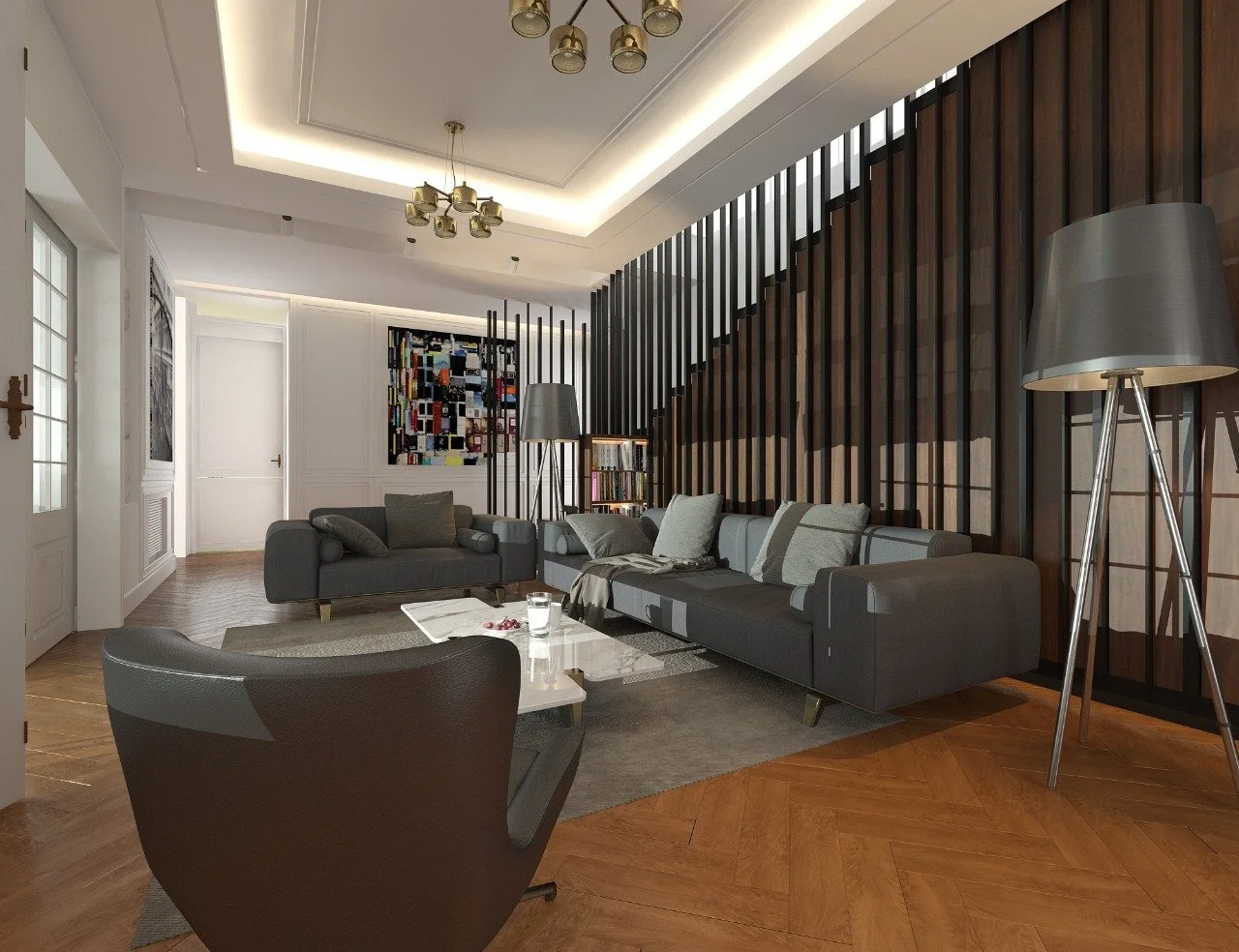 Modern living room with gray sofas, a patterned wooden floor, contemporary floor lamps, a bookshelf, and abstract wall art.