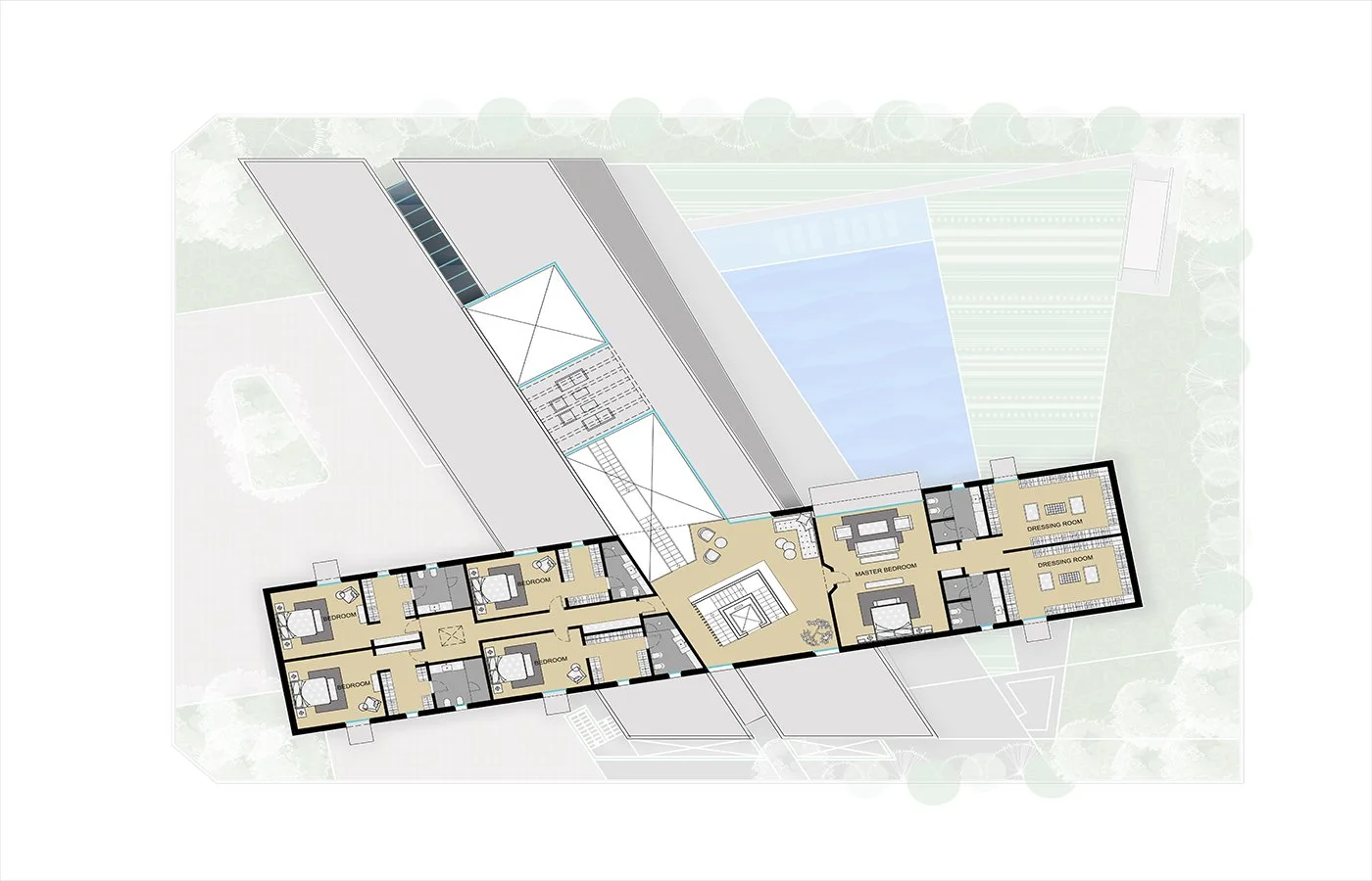 Architectural floor plan of a modern building with multiple bedrooms, bathrooms, dressing rooms, a central staircase, and a large outdoor pool area.