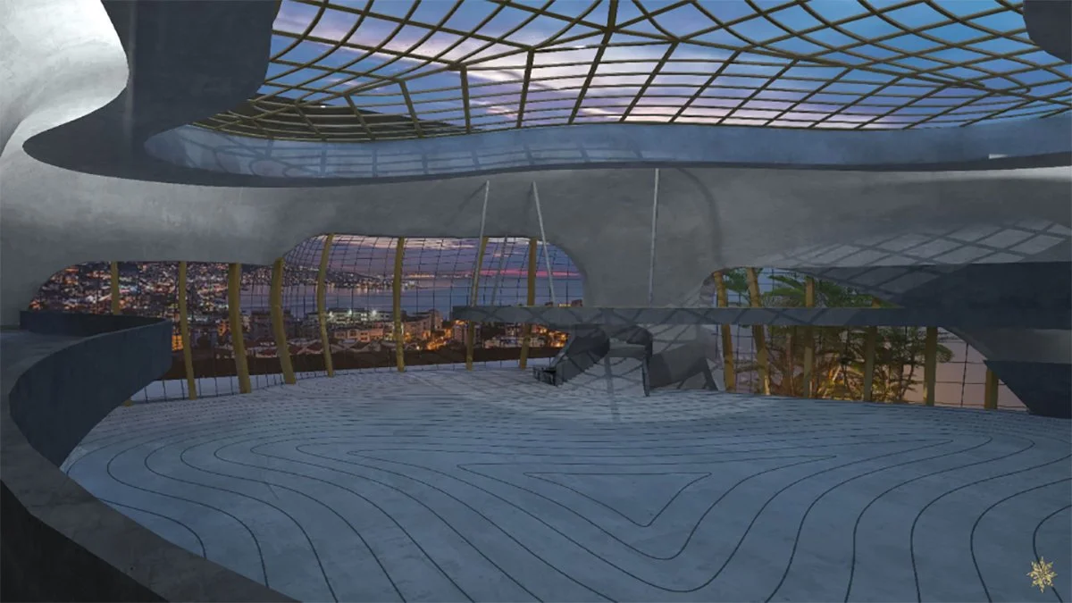 Interior view of a modern architectural building with curved concrete and large glass windows showcasing a city skyline at sunset.