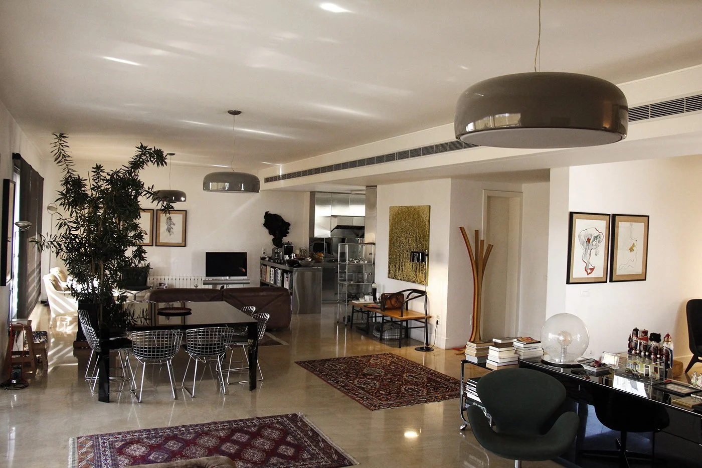 Spacious living room with dining area, modern decor, artwork on walls, a large potted plant, and a kitchen in the background.