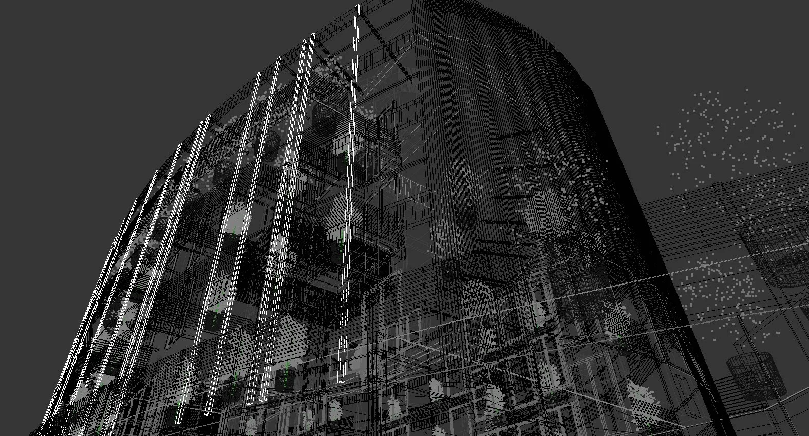 A digital wireframe rendering of a modern multi-story building with curved outer walls and vertical illuminated lines, set against a dark background with abstract dotted patterns.