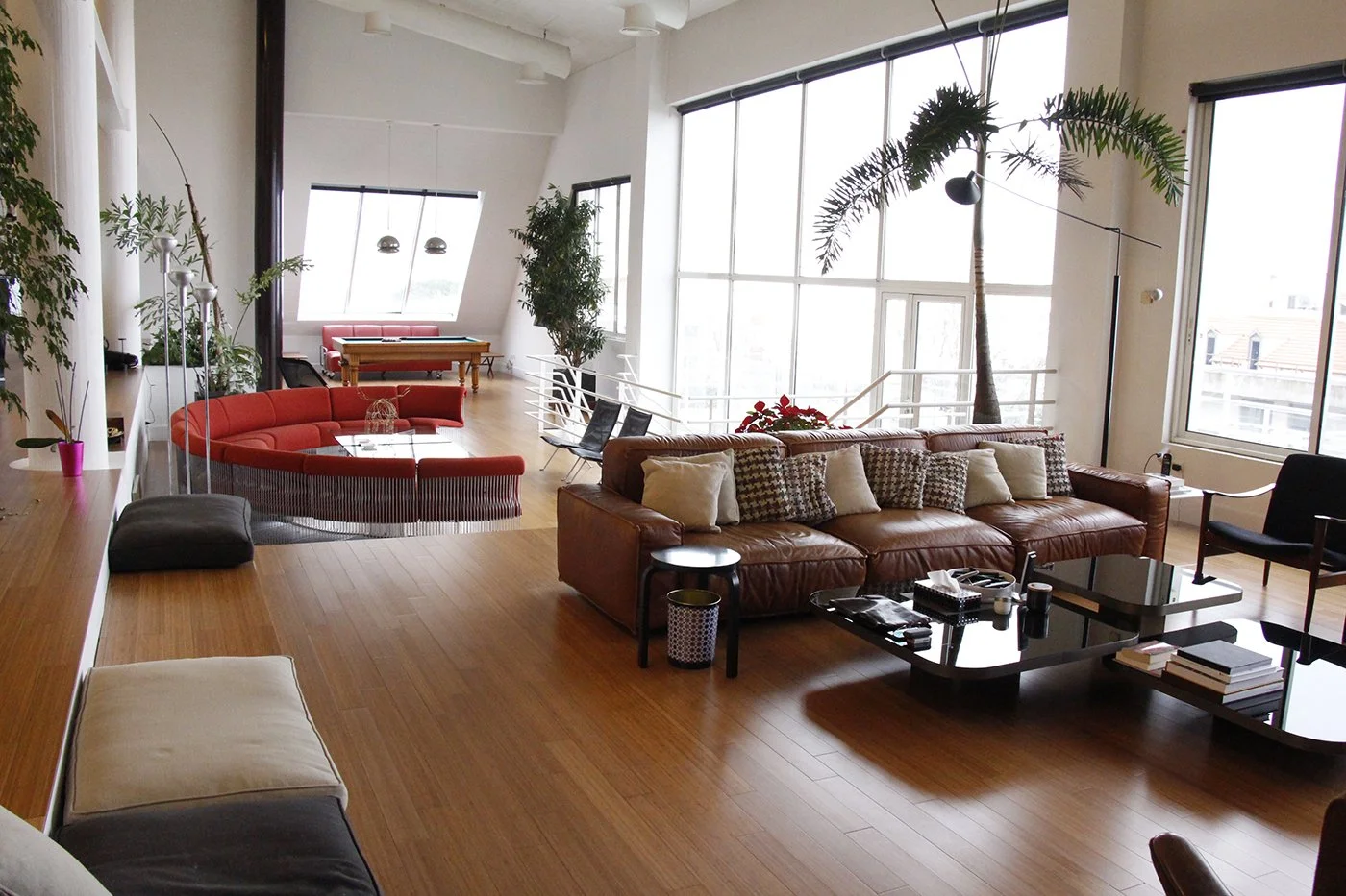 Modern open-concept living space with brown leather sofa, black glass coffee tables, black chairs, large windows, wooden flooring, and various plants including a tall palm tree.