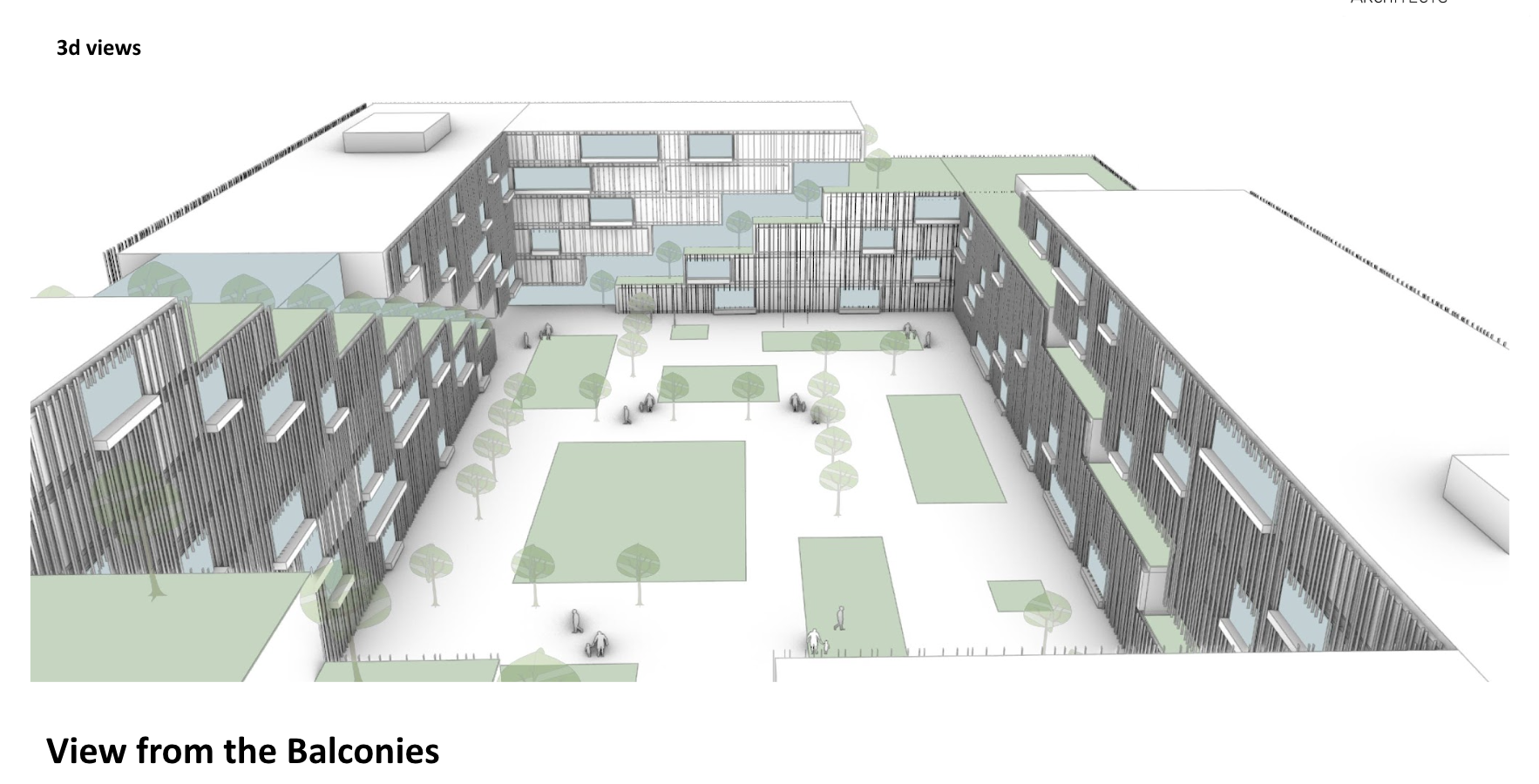 Architectural rendering of a modern residential complex viewed from the balconies, showing multiple garden courtyards with trees and landscaped green spaces, surrounded by three-story buildings with large windows and rooftop gardens.