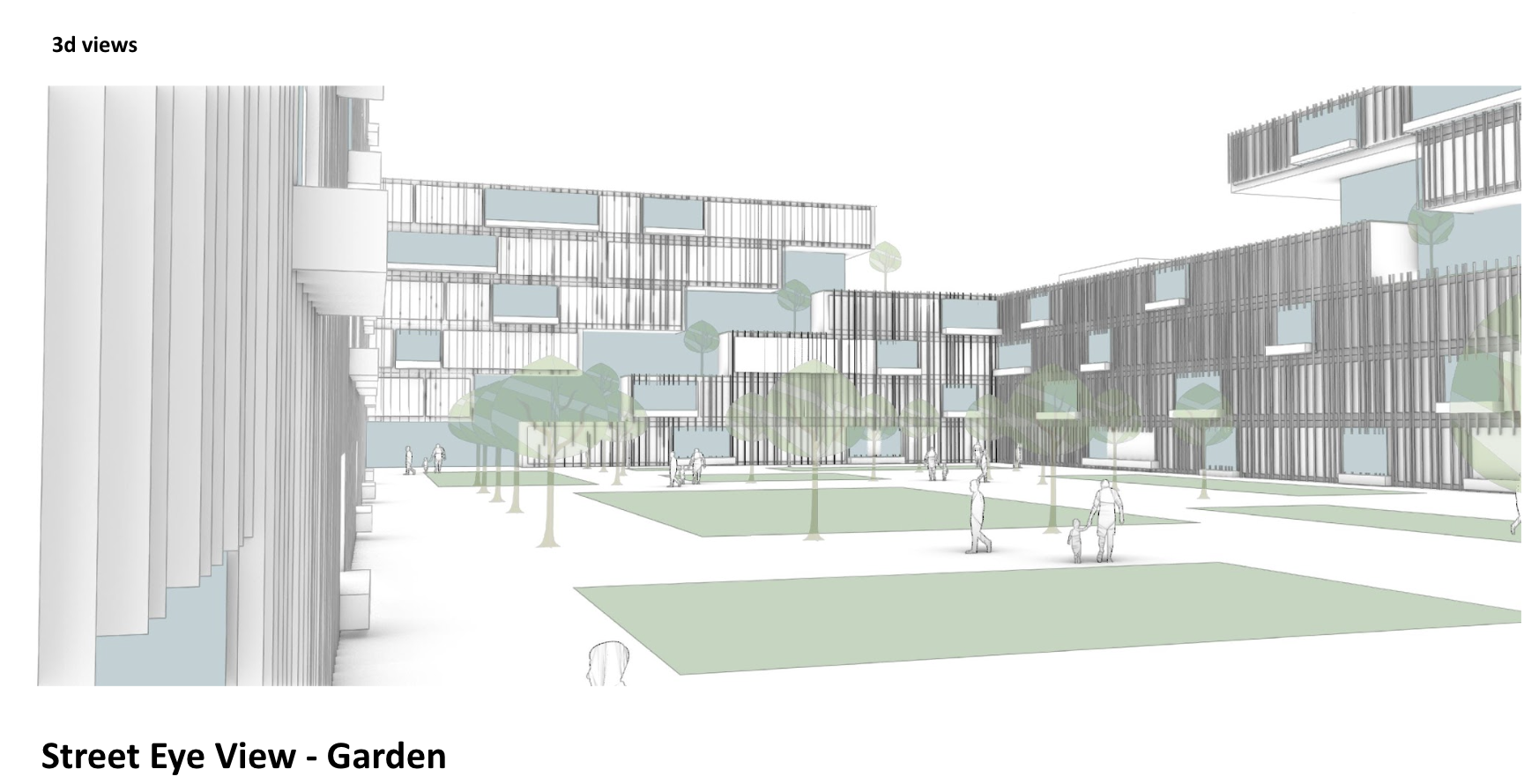 A digital architectural rendering of a modern residential or commercial building with a central courtyard, featuring trees, people, and open green spaces, viewed from street level.