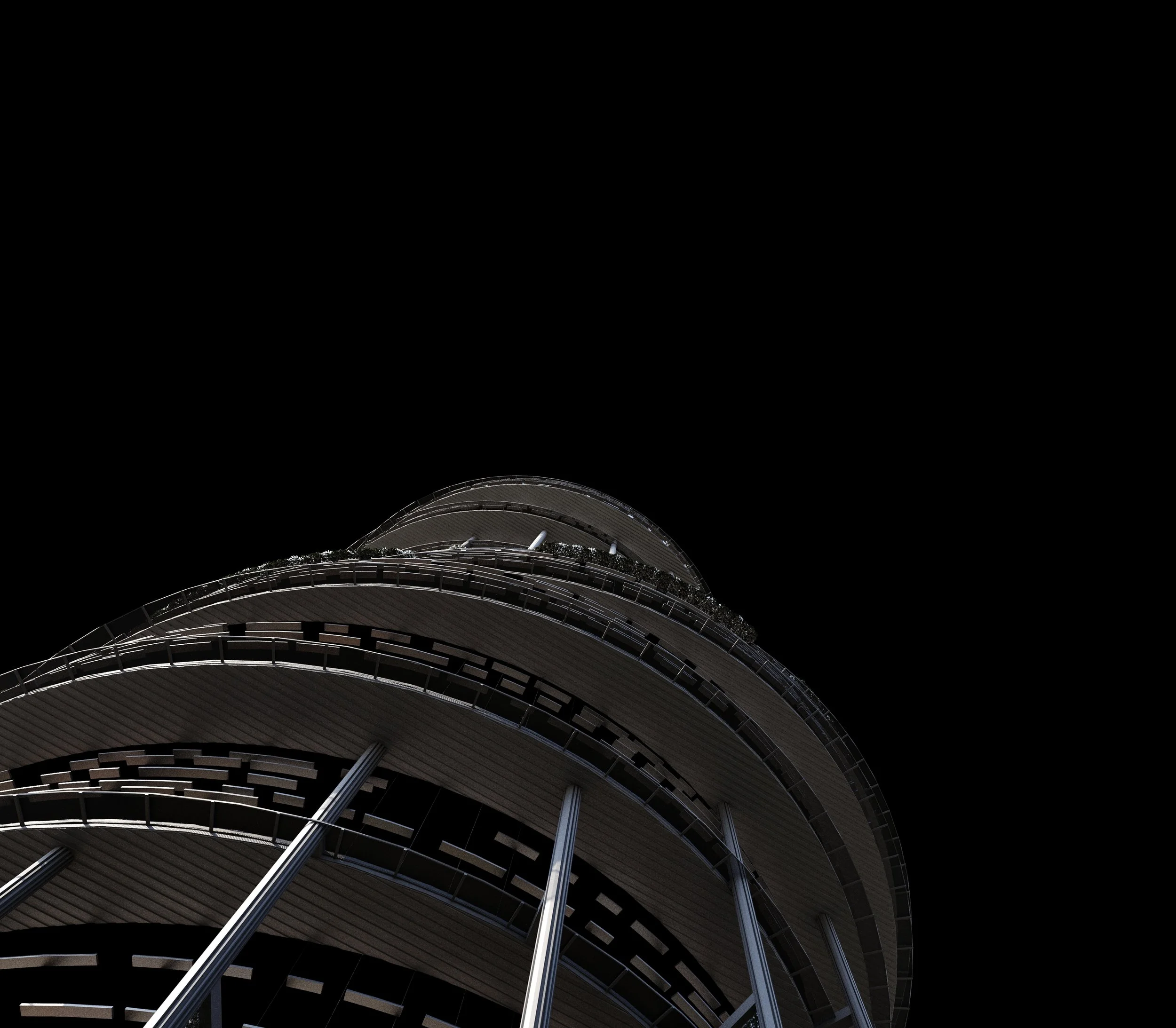 Close-up of the curved exterior of a modern building at night, illuminated by lights along its edges.