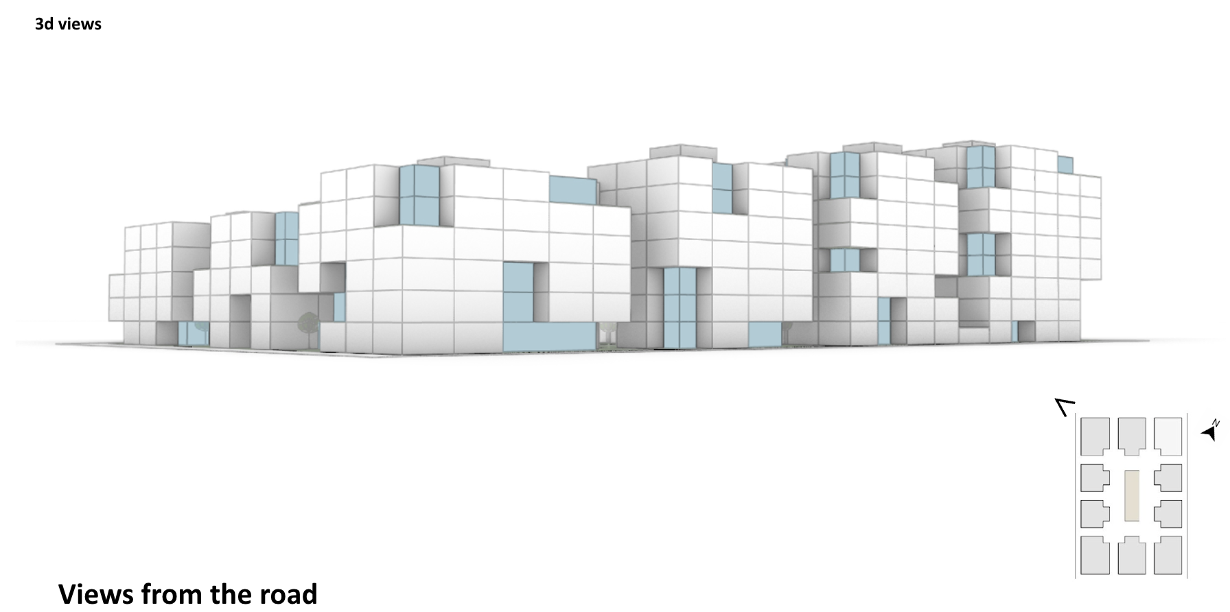 A digital architectural drawing of a modern, multi-story building with white and light blue cube-like structures and a site plan in the bottom right corner. The building appears to be situated along a road, with a small tree visible near one of the e