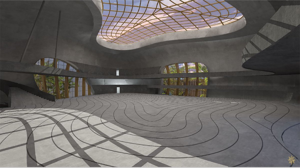 Interior of a modern architectural building with curved concrete walls, large windows, and a patterned ceiling.
