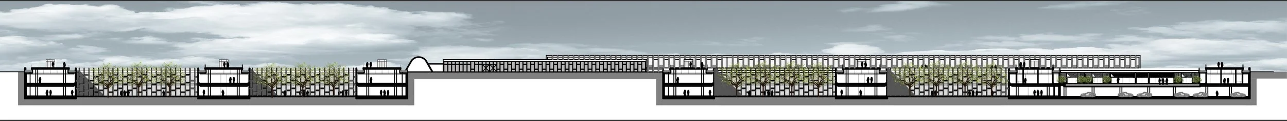 Cross-sectional architectural drawing of a large modern building with multiple levels, green spaces, and parking garages beneath.