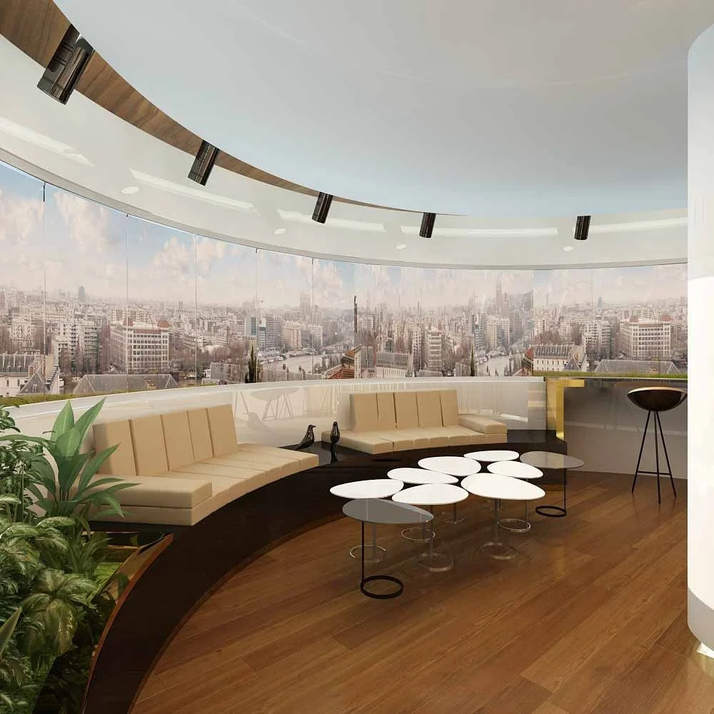 A modern, curved seating area with beige cushions, black and white coffee tables, potted plants, and a large panoramic city view through glass windows.