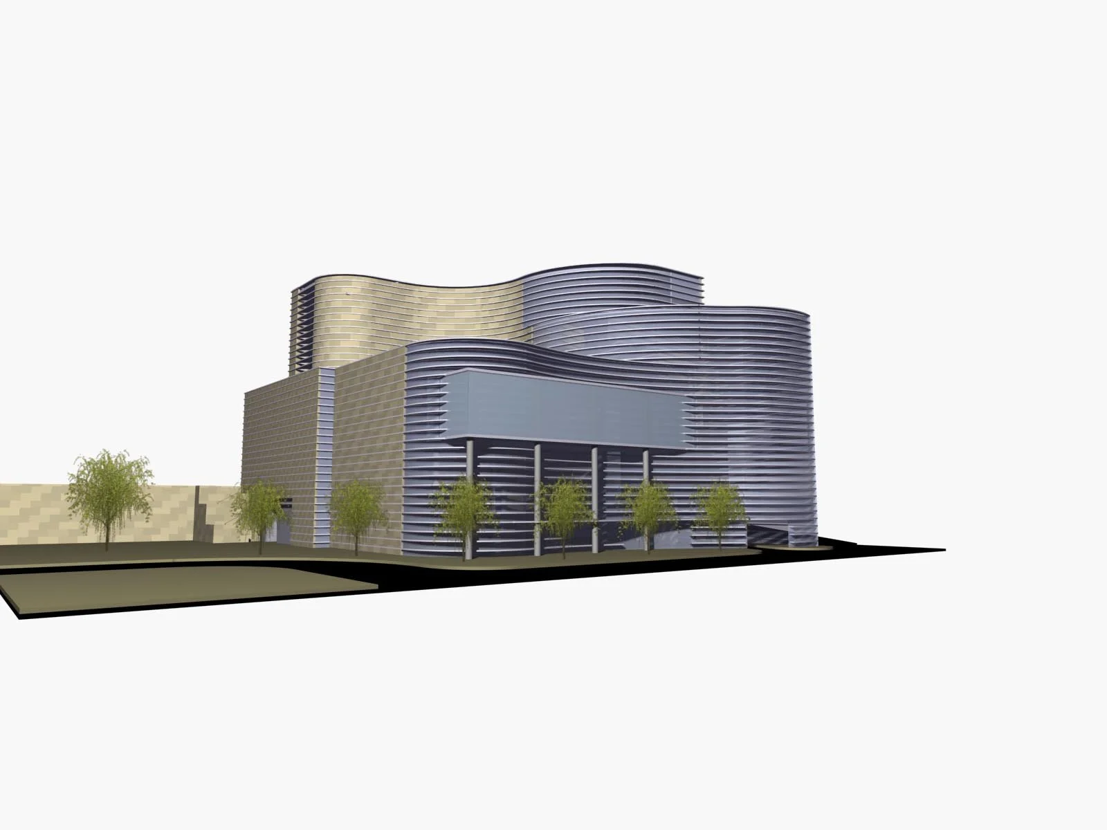 A modern architectural building with wavy horizontal lines and multiple levels, surrounded by trees and a paved area.