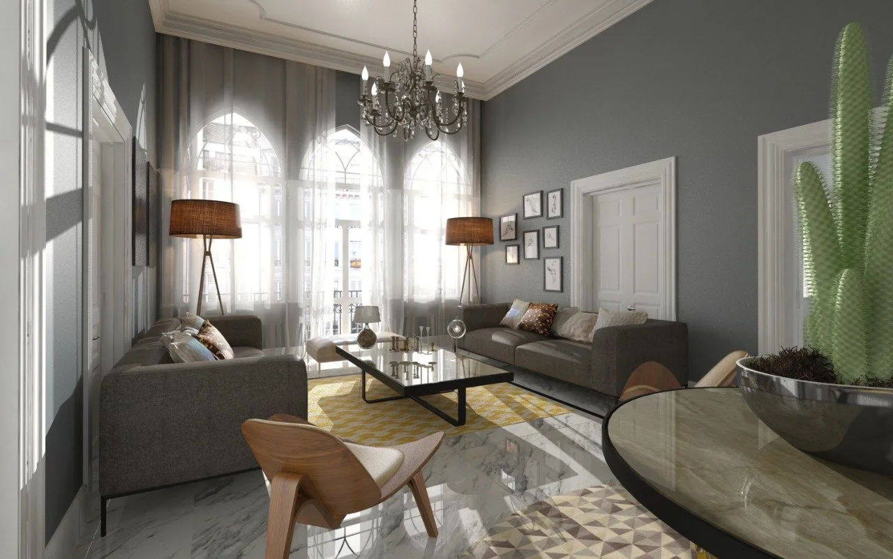 Living room with gray walls, large arched windows with sheer curtains, two gray sofas, wooden chairs, a black coffee table, floor lamps, a chandelier, and wall art.