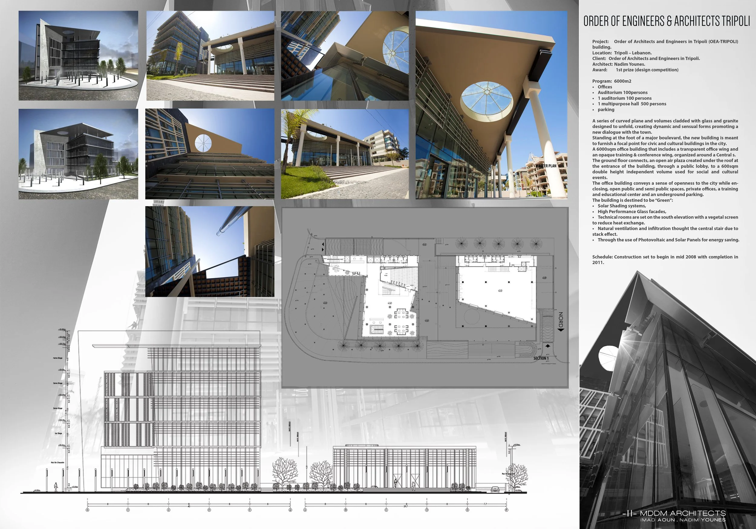 Architectural design presentation board featuring images and plans of a modern office building with glass facades, curved structures, and open public spaces, along with project details and schedule.