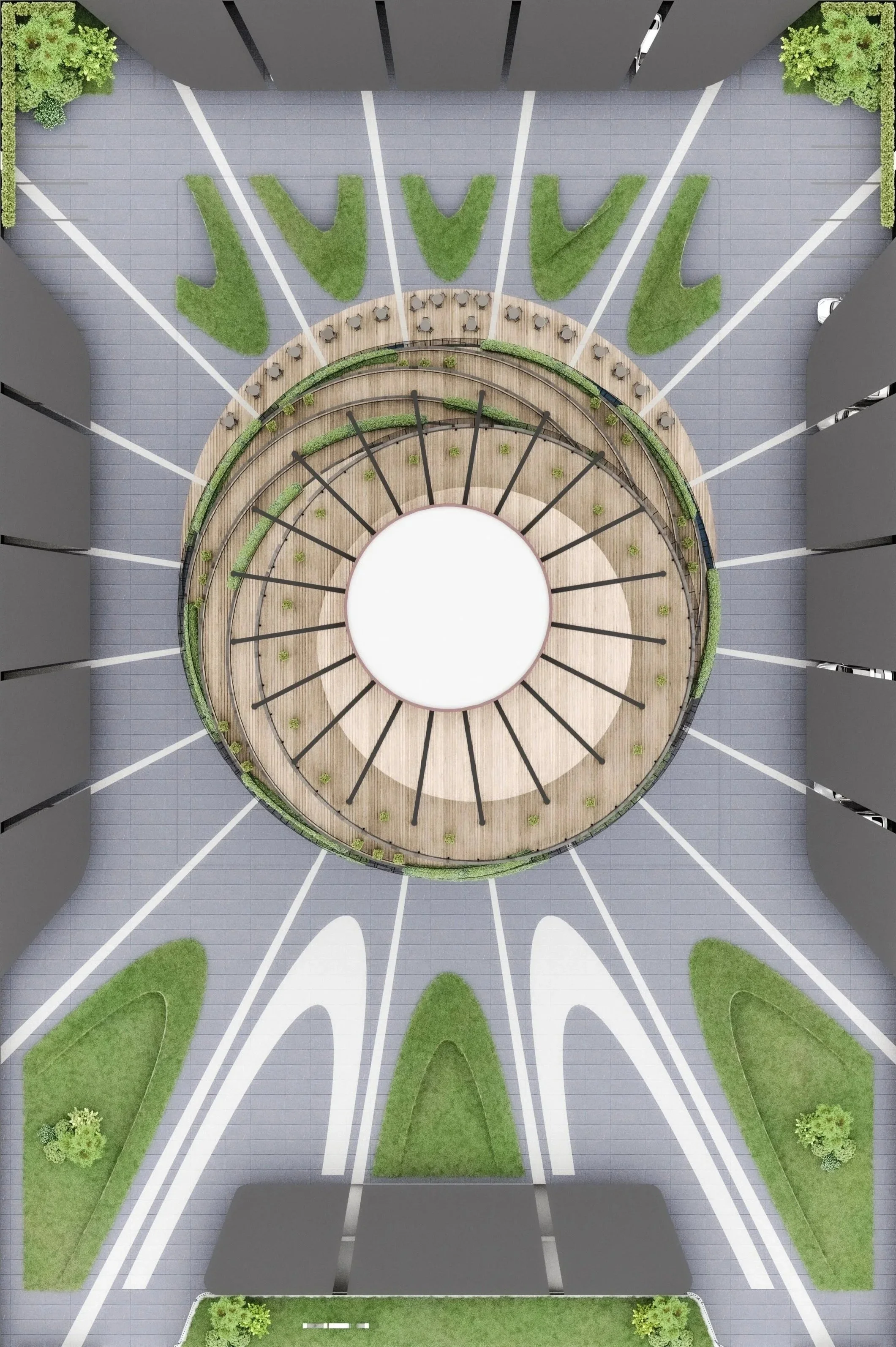 Top-down view of a modern outdoor space with circular wooden seating area, landscaped greenery, and a paved area with white lines forming patterns. The space is enclosed by tall gray buildings.