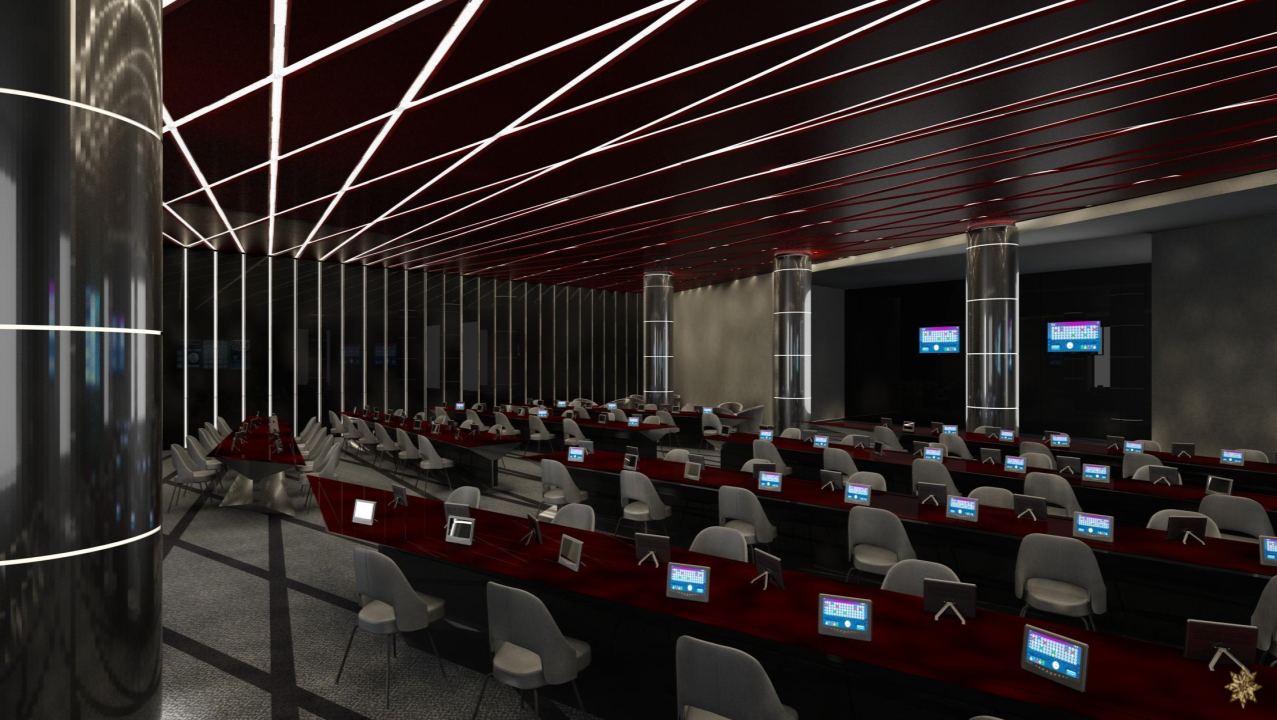 A modern gaming casino with rows of gaming tables, electronic betting terminals, and illuminated screens. Red, black, and gray interior design elements, with sleek columns and stunning ceiling lights.