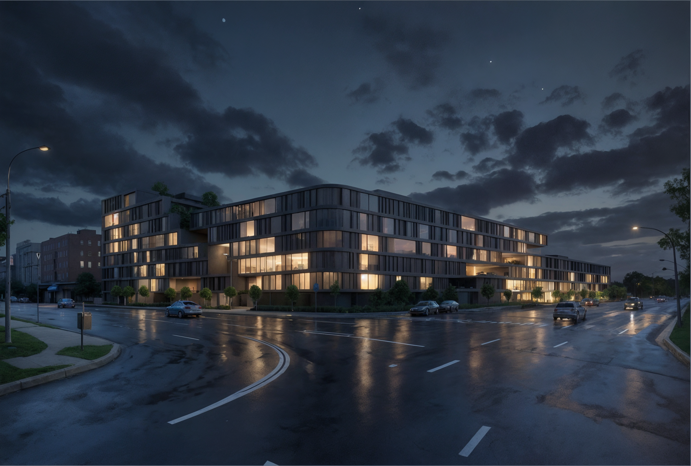 Modern building with large glass windows illuminated from inside, situated on a wet street at dusk with dark clouds and a few visible stars in the sky. Beirut architecture