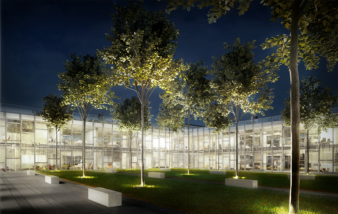Night view of a modern building with glass walls, surrounded by lit trees and benches on a grassy area.