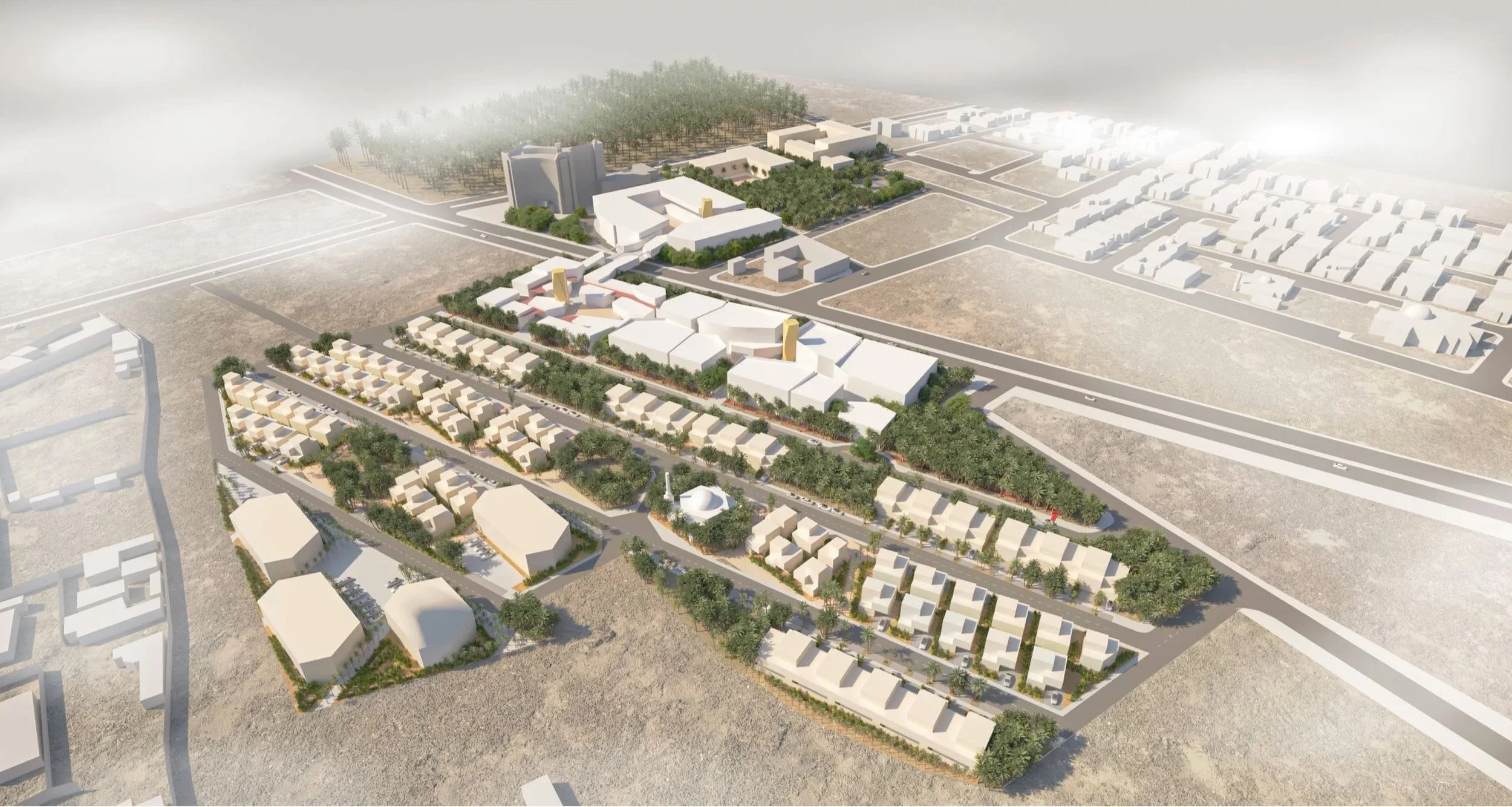 An architectural rendering of an urban development project showing buildings, roads, green spaces, and a large orchard or grove on the outskirts, with a foggy background.