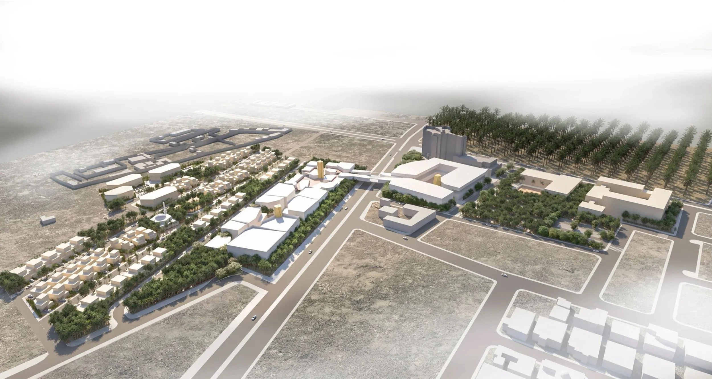 A digital rendering of a planned urban development with various buildings, green spaces, and roads, including high-rise structures and a residential area, with an airplane flying in the sky.
