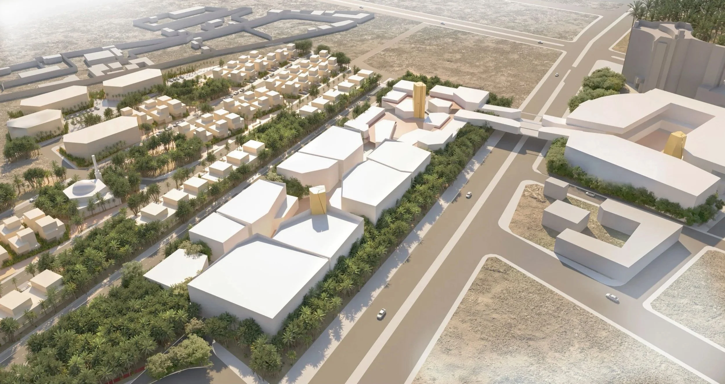 A detailed architectural rendering of a large urban development project featuring a mix of green spaces, modern buildings, and wide roads.