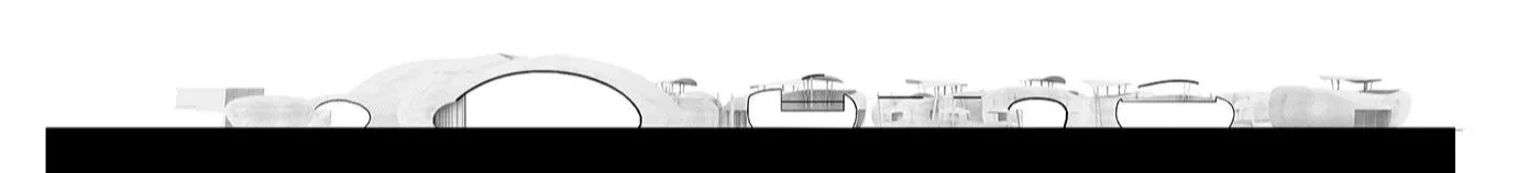 Architectural drawing of a modern building complex viewed from the front, with various interconnected structures and some flat roofed sections.