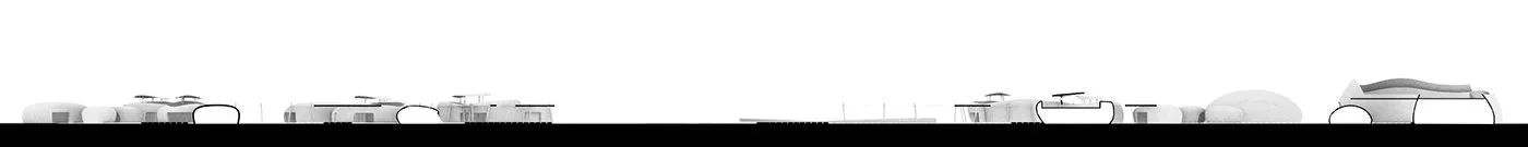 Minimalist black and white illustration of modern, futuristic buildings along a straight horizon line.
