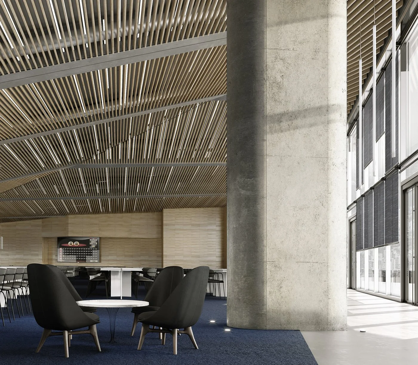 Modern interior space with wooden slat ceiling, large concrete pillar, and glass windows with blinds; includes black chairs and round tables in a seating area.