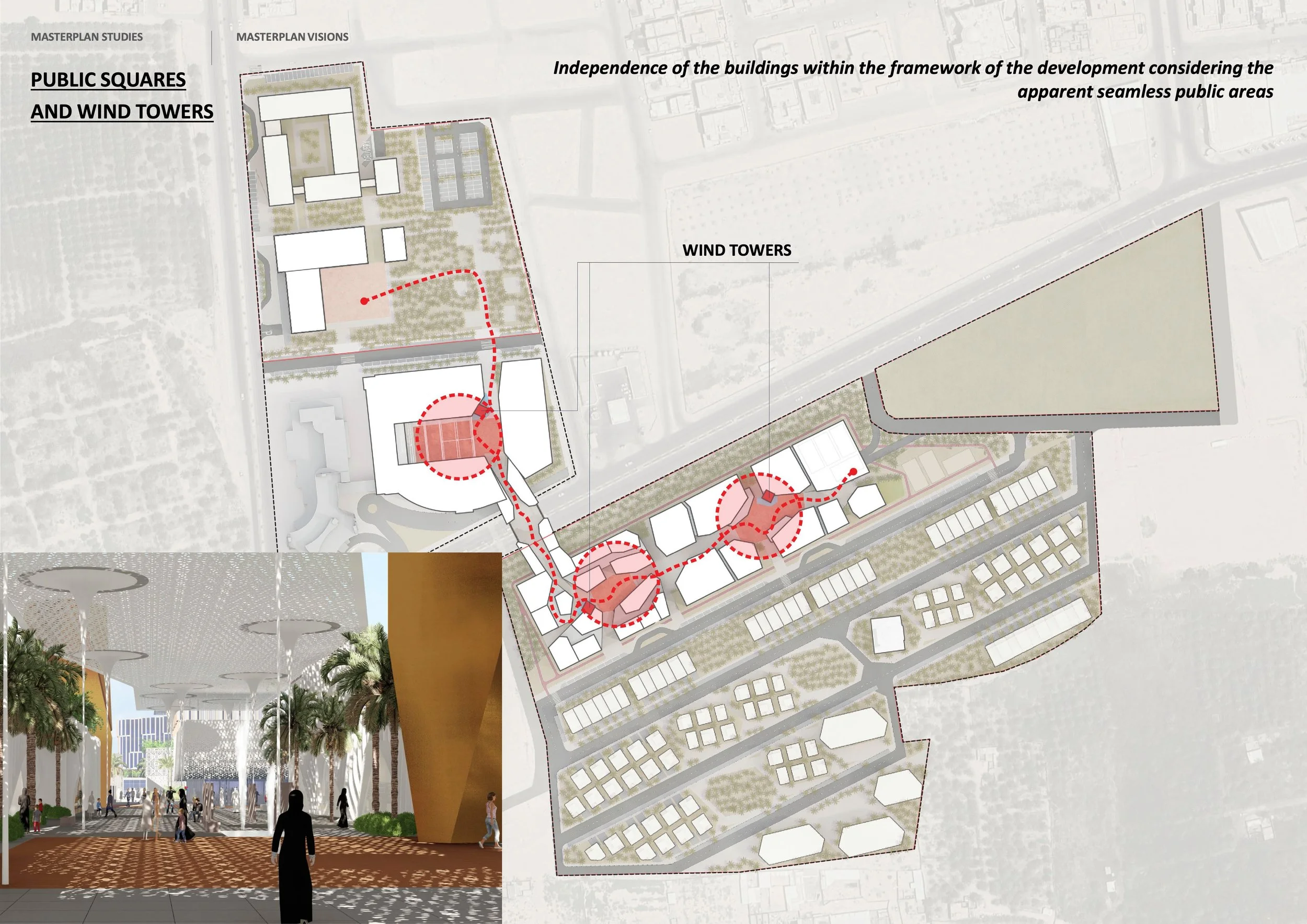 Architectural map and design concepts for a public space featuring buildings, wind towers, and green areas, with an illustration of an outdoor pedestrian area lined with palm trees.