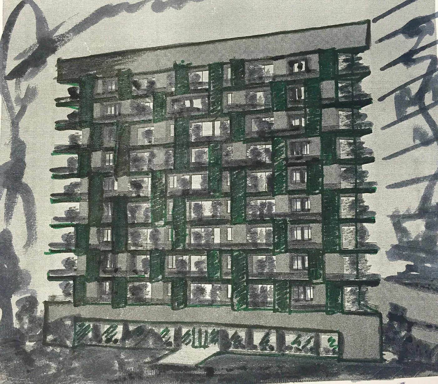 Drawing of a multi-story apartment building with balconies and surrounding trees.