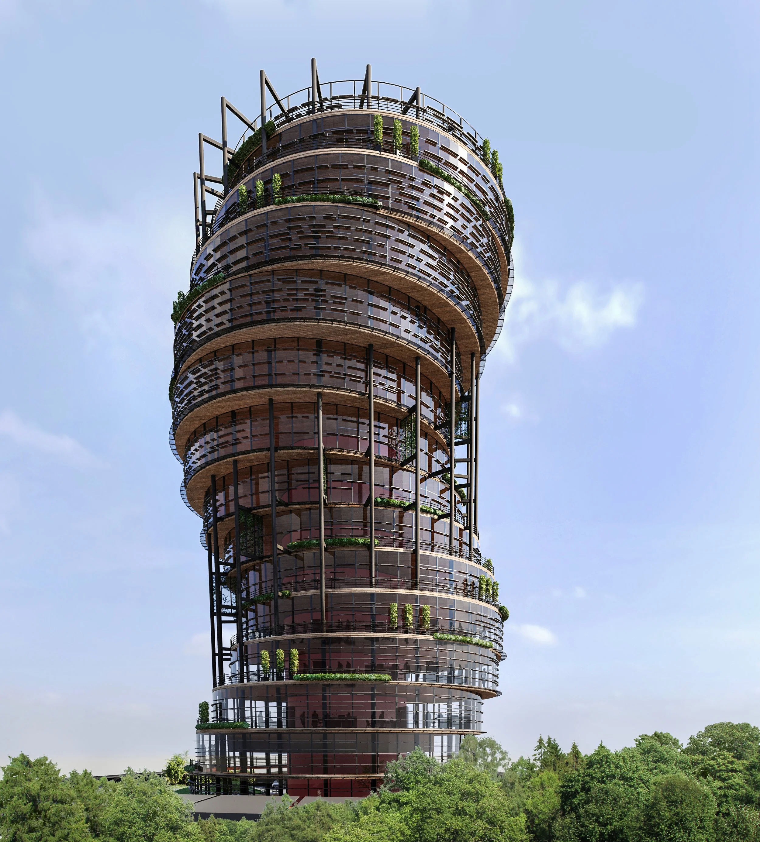 A modern, spiral-shaped tower with multiple floors, surrounded by trees and greenery, set against a partly cloudy sky.