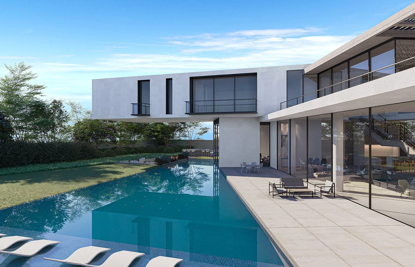 Modern house with large glass windows and a swimming pool in backyard, surrounded by trees and greenery, under a blue sky.