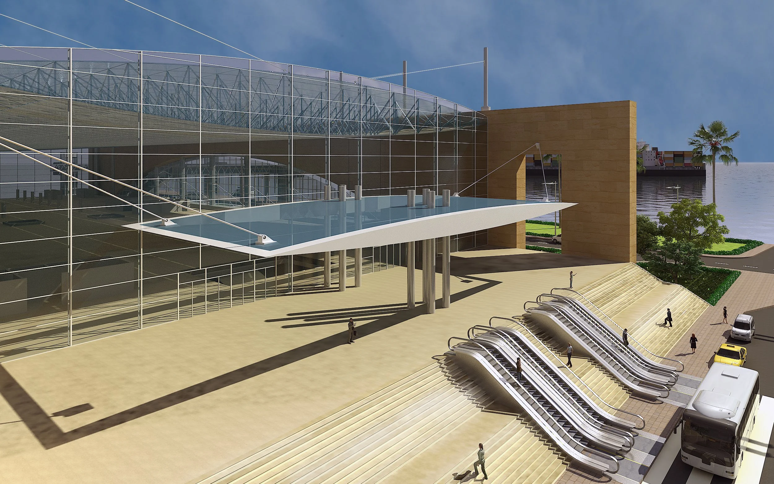 A modern building with a glass facade, escalators leading up to the entrance, and people walking around. There are palm trees, cars parked nearby, and a water body in the background.