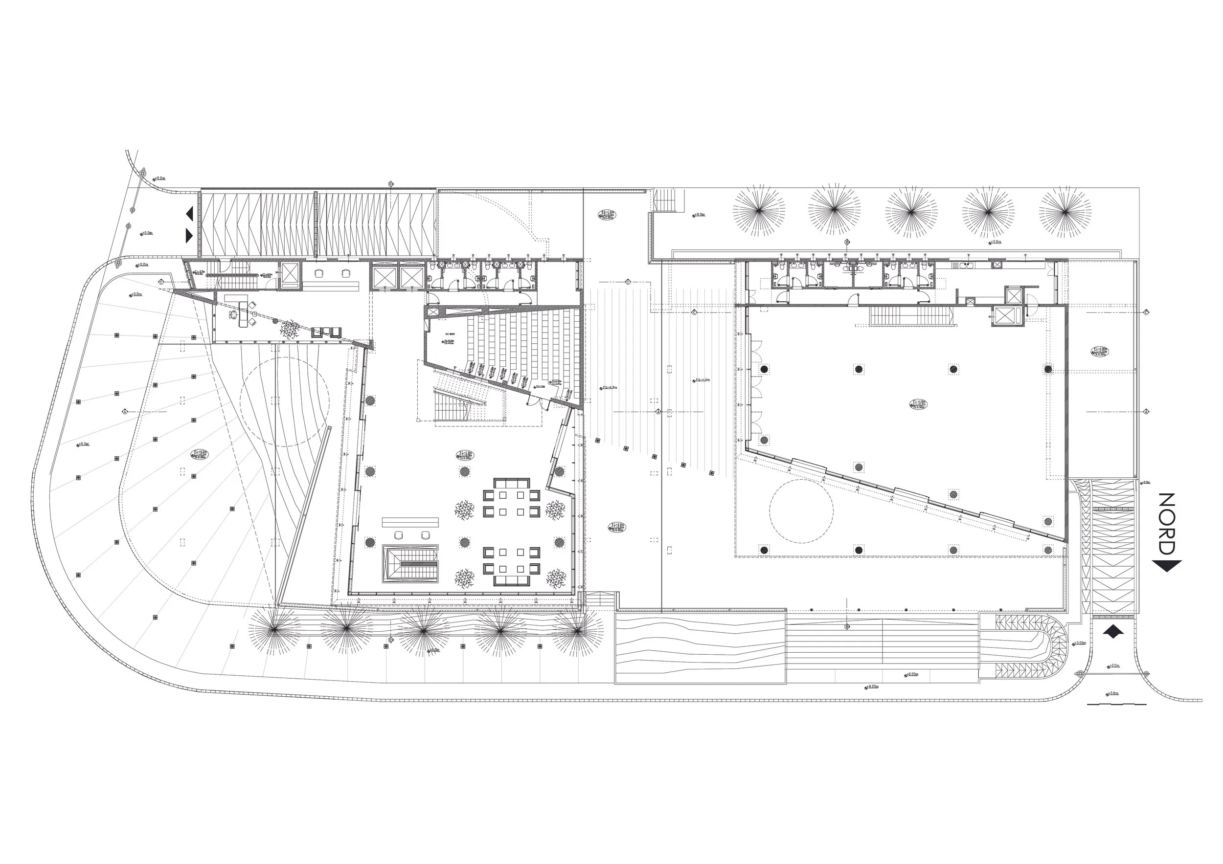 Blueprint of a building and outdoor area with trees, seating, and pathways.